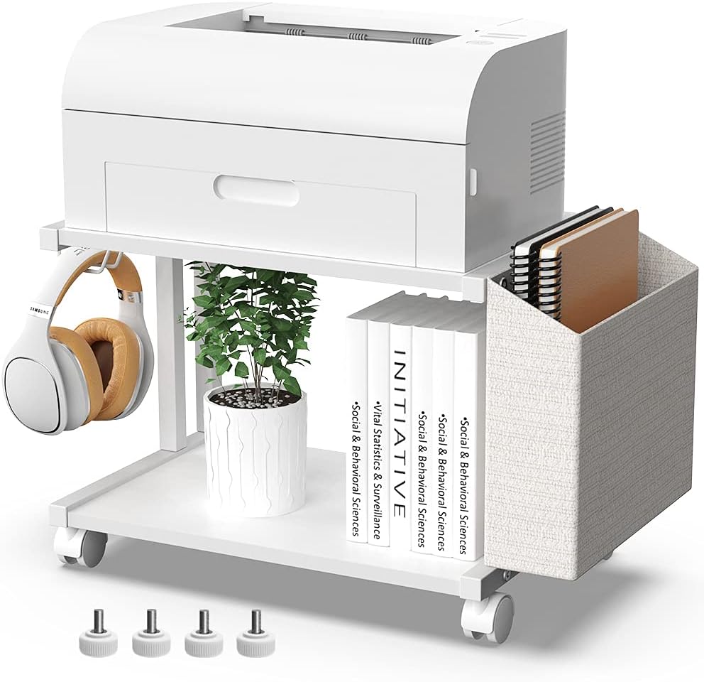 230816082426753_1 VEDECASA 2 Tier Modern White Wooden Under Desk Printer Stand with Storage Bag for Home Office Desktop Printer Table Organizer Mobile Printer Shelf Cart with Caster Wheel (White) - Image 1